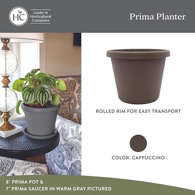 The HC Companies 20 Inch Prima Round Planter Pots with Drainage Holes and Rolled Rim, Lightweight UV-Resistant Plastic Indoor & Outdoor Planters, 2-Pack Flower Pots for Garden & Home Decor, Cappuccino
