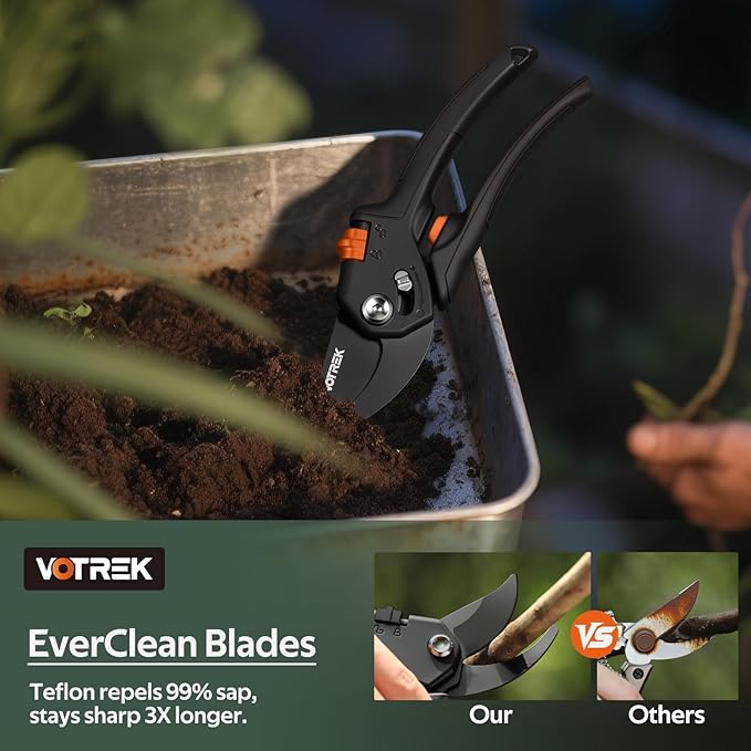 VOTREK® Pruning Shears for Gardening, [Patented Stepless Handle Opening] - Plant Scissors with Ultra-Sharp SK5 Steel for Weak Hand, Universal Fit for All Hand Sizes, Effortlessly Cuts 1-Inch Branches