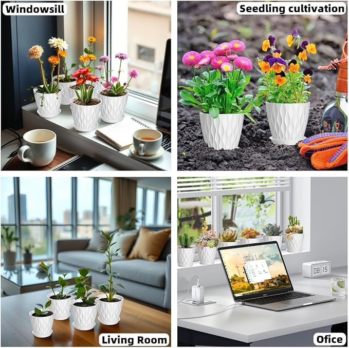 16 Pack 4 Inch Plastic Planter Pots with Tray, Heavy Duty Indoor Outdoor Planter Pots with 48 Drainage Holes for Herbs, Succulents, Seedlings, Flowers Durable and Lightweight White