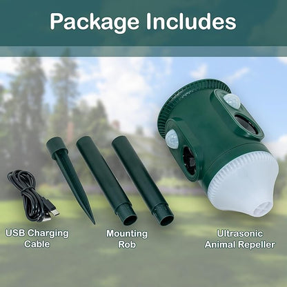 360° Solar Ultrasonic Animal Repellent Outdoor Motion Activated Pest Deterrent with Strobe Light, Waterproof Garden Protection for Cats, Dogs, Squirrels, Raccoons,Skunks, Rabbits, Coyotes