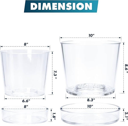 Phoenix Vine 8 Inch 10 Inch Clear Acrylic Houseplants Planter Pot with Tray, Orchid Pot with Drainage Holes, Deep Saucer for Bottom Watering, Transparent Containers for Indoor Plants, Herbs, 91-B-Y
