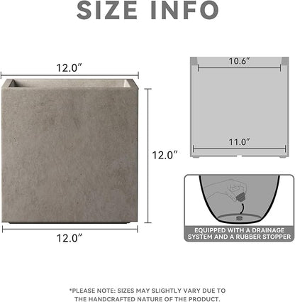Kante 12 Inch Square Concrete Planter for Outdoor Indoor Home Patio Garden, Large Plant Pot with Drainage Hole and Rubber Plug, Weathered Concrete
