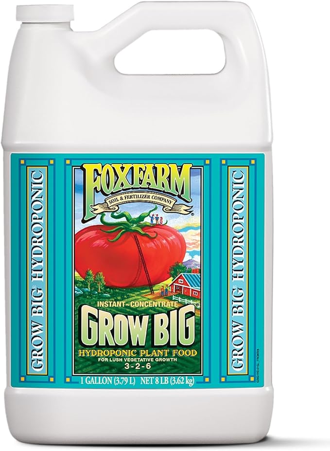 FoxFarm Grow Big Hydroponic Plant Food - 3-2-6 Liquid Plant Fertilizer for Lush Vegetative Growth in Hydroponic Systems - Liquid Concentrate with Earthworm Castings & Micronutrients - 1 Gallon