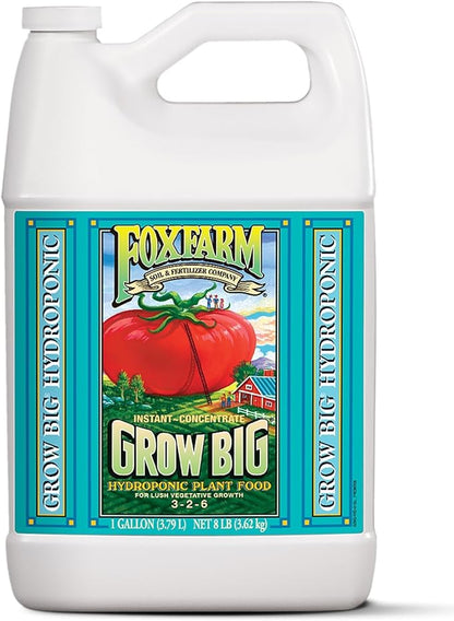 FoxFarm Grow Big Hydroponic Plant Food - 3-2-6 Liquid Plant Fertilizer for Lush Vegetative Growth in Hydroponic Systems - Liquid Concentrate with Earthworm Castings & Micronutrients - 1 Gallon