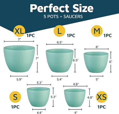 Lifemaster Planter Pots with Drainage Holes - Lightweight, Durable, and Space-Saving Pots for Indoor and Outdoor - Versatile Functionality, Simple Modern Design, Set of 5 Plastic Planter Pots - Aqua