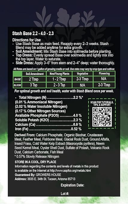Stash Base Premium All-Natural Nutrient (2.2-4-2.3) – Organic Vegetative Stage Soil Amendment & Fertilizer with Biochar, Crustacean Meal & Kelp – Boosts Root Growth & Stem Strength (15 lbs)