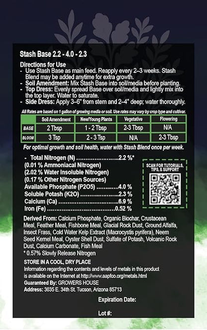 Stash Base Premium All-Natural Nutrient (2.2-4-2.3) – Organic Vegetative Stage Soil Amendment & Fertilizer with Biochar, Crustacean Meal & Kelp – Boosts Root Growth & Stem Strength (42 lbs)