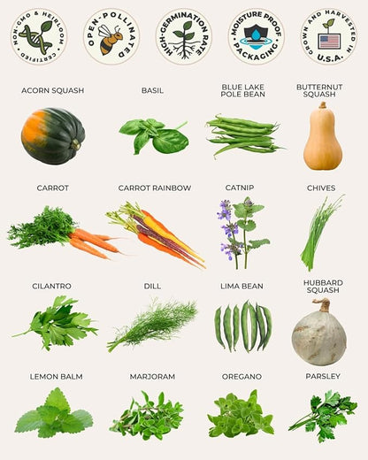 Tactiko Survival 30 Calorie-Dense Veggies & Popular Herbs - Ultimate Energy Seed Kit - USA-Grown Non-GMO Heirloom Seeds - Mylar-Bag for Long-Term Storage, Emergency Food Supply Gardening