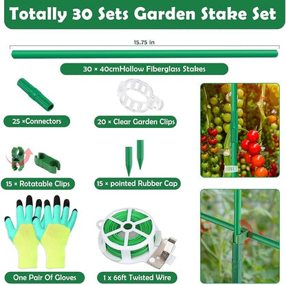 Cludoo 94PCS Garden Stakes Set with 30 Sets Fiberglass Plant Stakes Sticks Supports and Accessories, DIY 4ft 5ft 6ft 7ft Tomato Stakes for Tomato,Vegetables, Pepper, Indoor Outdoor Spring Plants