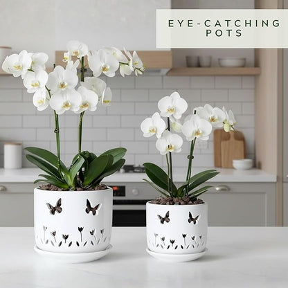 2 Pack, 5 + 6 Inch White Orchid Pots with Butterflies and Tulips Holes and Saucer, Ceramic Orchid Planters for Repotting with Drainage Holes and Tray Indoor Outdoor, Butterfly Gift