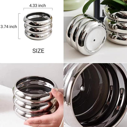 Ceramic Plant Pot Indoor, 4.5 Inch Flower Pot with Drainage Hole, Small Bubble Design Ceramic Planter for Home & Office Decor (Silver)