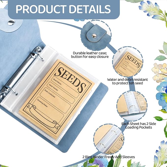 Seed Storage Organizer Binder, Leather Seed Packet Organizer with 50 Pack Seed Envelopes, Garden Seed Storage Holder Book, Plant Seed Saver, Flower Seed Keeper, Blue, 3.1x4.7 Inch Seed Envelopes