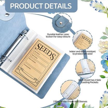 Seed Storage Organizer Binder, Leather Seed Packet Organizer with 50 Pack Seed Envelopes, Garden Seed Storage Holder Book, Plant Seed Saver, Flower Seed Keeper, Blue, 3.1x4.7 Inch Seed Envelopes