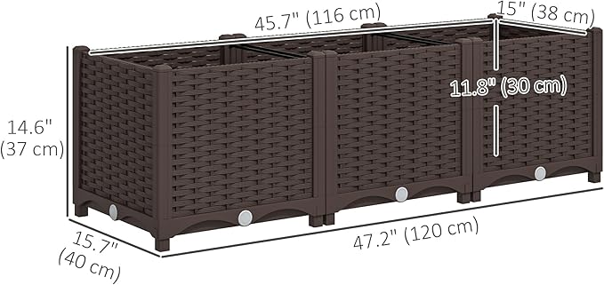 Outsunny 4 x 1 x 1 ft Raised Garden Bed, Indoor Outdoor Plastic Planter Box with Drainage Holes, Drain Plugs and Water Reservoirs for Vegetables, Herbs, Flowers & Succulents, Brown