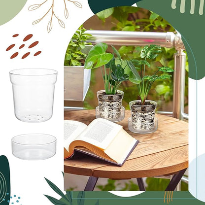 Baderke 4 Inch Glass Plant Pots with Saucer, Flower Nursery Plant Pots with Drainage for Flower Seed Starter Transparent Seedling (2 Sets)