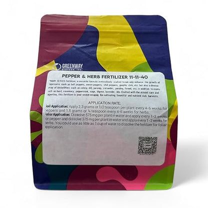 Greenway Biotech, Inc. Pepper & Herb Fertilizer 11-11-40 Powder - Water Soluble with Chelated Micronutrients for Hot & Bell Peppers Basil - Hotter Peppers Aromatic Herbs - Hydroponics & Soil - 1 LB