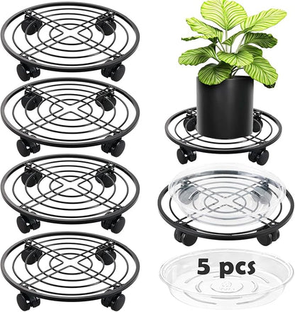 12" Metal Plant Caddy with Wheels 5 Packs Large Rolling Plant Stands Indoor Wheeled Plant Dolly Heavy-duty Pot Mover Roller Base Outdoor Plant Trolley Cart with Brake Water-proof Dust-proof, Black