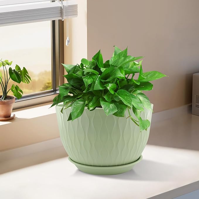 12/10/9 inch Plant Pots, 3 Pack Flower Pots for Outdoor Indoor Garden Plants, Large Planters with Multi Mesh Drainage Holes and Saucer (Green, 12"+10"+9")