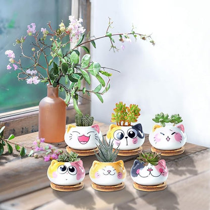 Succulent Pots with Drainage 3.6 Inch Mini Cat Pots for Plants Tiny Animal Planter Small Ceramic Air Plant Flower Pots Cactus Faux Planters Containers with Bamboo Tray