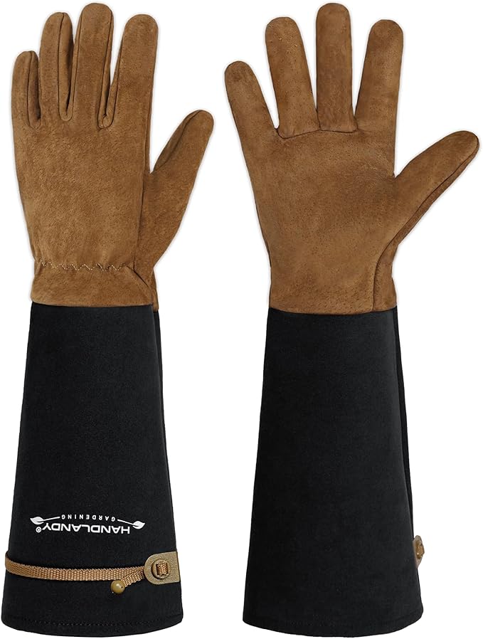 HANDLANDY Long Gardening Gloves for Men & Women, Pigskin Leather Rose Pruning Gloves, Breathable Thorn Proof Gauntlet Glove (Brown-Pigskin, L)