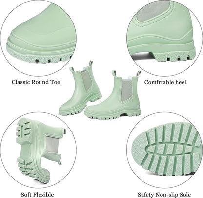 DKSUKO Rain Boots Women Waterproof Chelsea Boots Ankle Garden Shoes for Ladies Rubber Short Rainboots with Removable Comfort Insole for Outdoor Work Deck Mud Boots