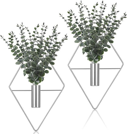 Jexine 4 Pcs Hanging Planters with Artificial Eucalyptus, Chrome Silver Wall Decor Metal Hanging Vase Indoor Plants Holder Modern Geometric Bathroom Decor for Living Room Home Office