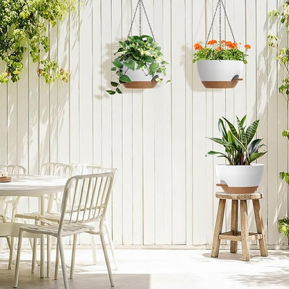 3 Pack 10 Hanging Flower Pots with Chains Self Watering Plastic Planters for Indoor Outdoor Plants, Sturdy Triangular Iron Chain Design for Garden PorchPlastic hanging flower pots (3, White-brown)