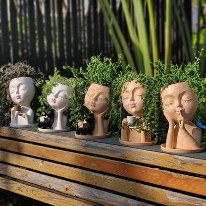 Face Planter Pots, Resin Face Planter for Indoor/Outdoor Plants,Head Planter with Drainage Hole/Removable Saucer,Girl Holding Coffe (Coffee, Skin)