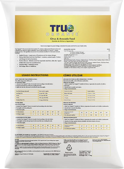 True Organic Citrus & Avocado Food – Organic Fertilizer for Lush Foliage and Abundant Fruit – 25lb Bag Covers 438 Sq. Ft.
