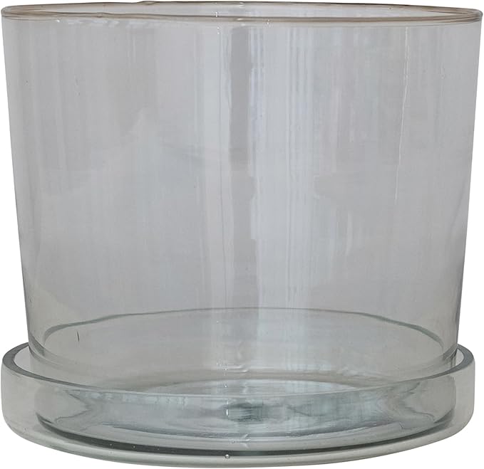 Creative Co-Op Large Hand-Blown Glass Planter with Drainage Hole and Saucer, Clear