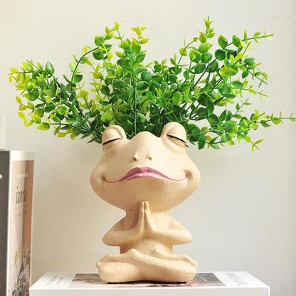 Face Planters Pots Head Yoga Frog Resin Plant Pot with Drainage Hole(Khaki-B)