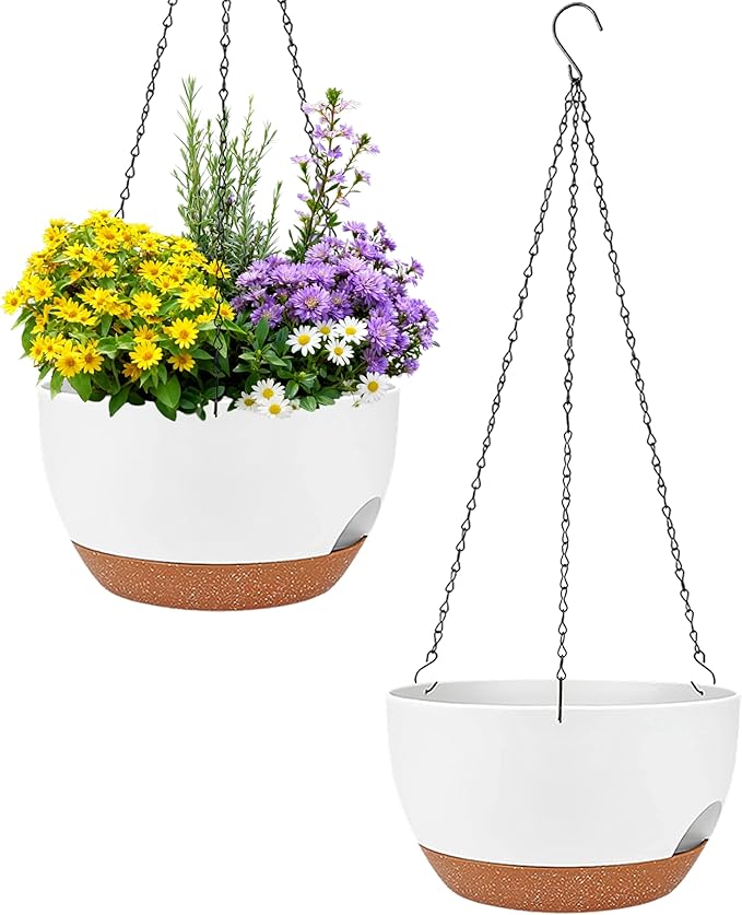 Set of 2-8 Inch Self Watering Hanging Planters for Indoor Outdoor，Hanging Plant Pots with Drainage & Removable Tray, Hanging Pots Holder for Ivy, Pothos, Ferns, Balcony & Patio, White Brown