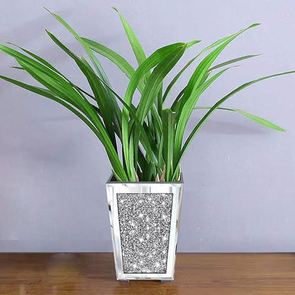 Meetart Crushed Diamond Mirrored Planter, Crystal Silver Glass Decorative Mirror Luxury Flower Pot ，with Drainage Hole and Tray for All House Plants, Succulents, Flowers, and Cactus.