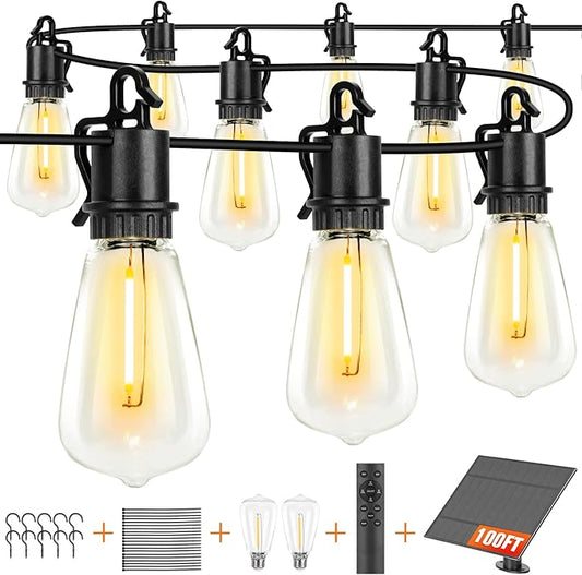 Solar String Lights Outdoor Waterproof 100ft with 52 Shatterproof,Solar Lights Outdoor Remote ST38 Vintage Edison Bulbs,Salor Ourdoor Light Hanging Lights Waterproof for Outside Backyard