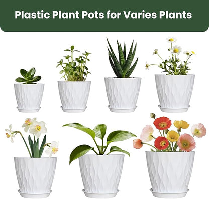 Flower Pots, 7/6.5/6/5.5/5/4.5/4 inch Plastic Plant Pots, 7 Pack Planter for Indoor Outdoor Plants, Nursery Planting Pot with Drainage Holes and Trays (White)