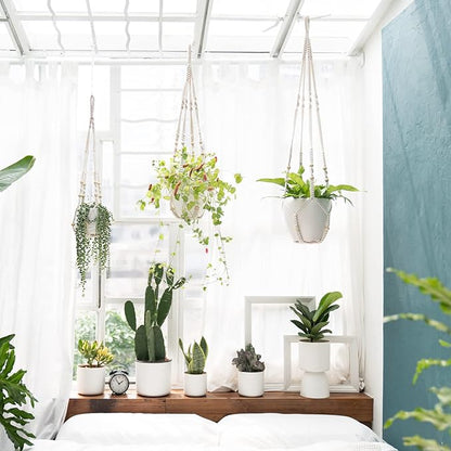Mkono 3 Pack Macrame Plant Hangers and 4 Pack Ceiling Hooks, Indoor Different Size Hanging Planter Basket Flower Pot Holder