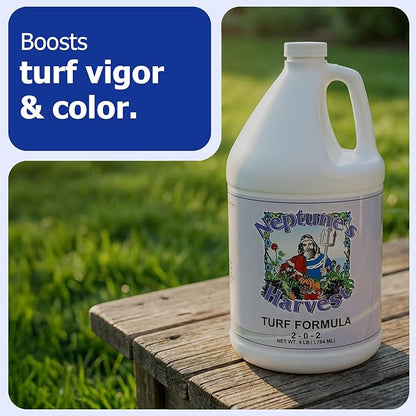 Neptune's Harvest Turf Fertilizer (2-0-2) - 9 LB Bottle - Fish & Seaweed-Based Lawn Food Formula - Organic Liquid Fertilizer for Lawn & Seed - Ideal for Flowers, Vegetables, Trees, & Shrubs