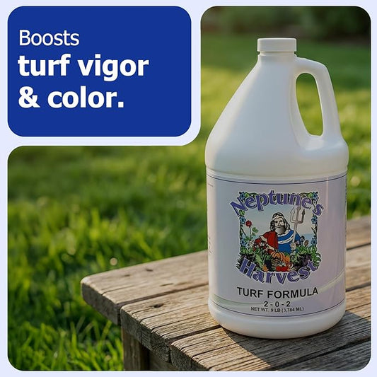 Neptune's Harvest Turf Fertilizer (2-0-2) - 9 LB Bottle - Fish & Seaweed-Based Lawn Food Formula - Organic Liquid Fertilizer for Lawn & Seed - Ideal for Flowers, Vegetables, Trees, & Shrubs