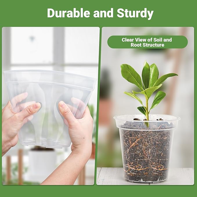 GREANER 7 Inch Transparent Plastic Garden Pots, Clear Plant Pots with Drainage Holes and 20 Pcs Plant Labels, Durable Seed Starting Pots for Orchid, Succulent, Vegetable, and Cactus