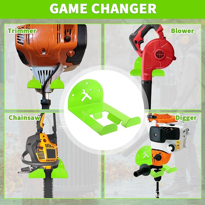 Upgraded Trimmer Rack Wall Mount - 8" Heavy Duty Weed Eater Hanger for Garage Wall Bracket, Garden Power Tool Holder Organizer Hooks for Grass Trimmer, Hedge Trimmer, Leaf Blower and Chainsaw, Green