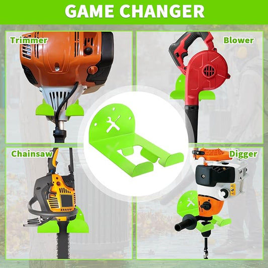 Upgraded Trimmer Rack Wall Mount - 8" Heavy Duty Weed Eater Hanger for Garage Wall Bracket, Garden Power Tool Holder Organizer Hooks for Grass Trimmer, Hedge Trimmer, Leaf Blower and Chainsaw, Green