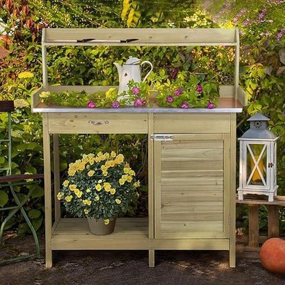 Topeakmart Garden Potting Bench Potting Table ACQ Lumber Wood Outdoor Work Station Work Bench Planting with Cabinet & Drawer & Top Shelf & Lower Shelf Light Green