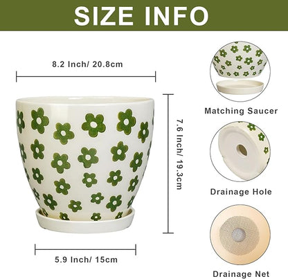 8.2 Inch Plant Pot - Ceramic Flower Pot Indoor with Drainage Hole and Saucer, Boho Round Decorative Planter for Indoor Plants, Housewarming Gifts, Office Garden Home Room Decor, White