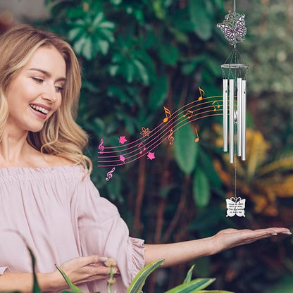 Outdoors Butterfly Wind Chimes Sympathy Memorial for Loss of Loved One - Soothing Melodic Tones Aluminum Chime Great as a Gift for Your Patio Porch Garden and Backyard (22.2" Silvery)