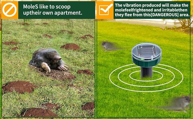 8 green UPGRADE Mole Repellent for lawns Gopher Repellent Ultrasonic Solar Powered Snake Repellent Deterrent Mole Repeller Vole Repellent Outdoor Lawns Garden Yard All Pests Sonic Spikes Stakes Chaser