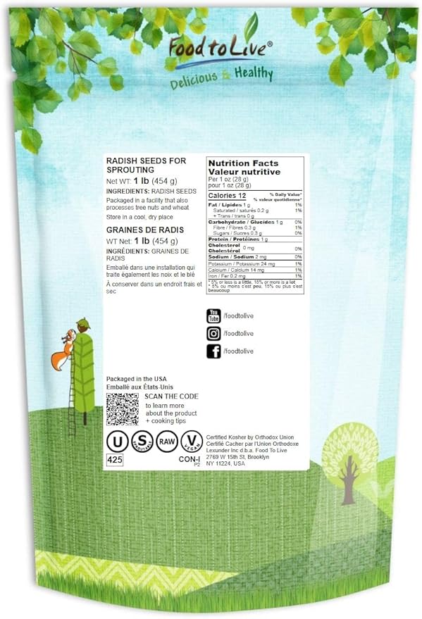 Food to Live - Radish Seeds for Sprouting, 1 Pound Edible Seeds, Pure, Vegan, Kosher, Bulk. Rich in Vitamin C. High Germitation Rate. Grow Sprouts, and Microgreens for Salad, Sandwiches, Rolls.