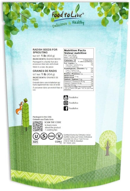 Food to Live - Radish Seeds for Sprouting, 1 Pound Edible Seeds, Pure, Vegan, Kosher, Bulk. Rich in Vitamin C. High Germitation Rate. Grow Sprouts, and Microgreens for Salad, Sandwiches, Rolls.