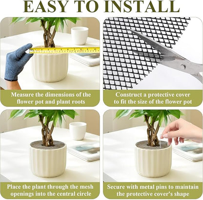 Supkiir 10 Pcs Plant Pot Grid Soil Protector Covers, 12 Inch Plant Pot Cover with 30 Metal Stakes, Black Thickened Cut-able Flower Soil Cover to Protect Soil from Animals for Indoor Outdoor Plants