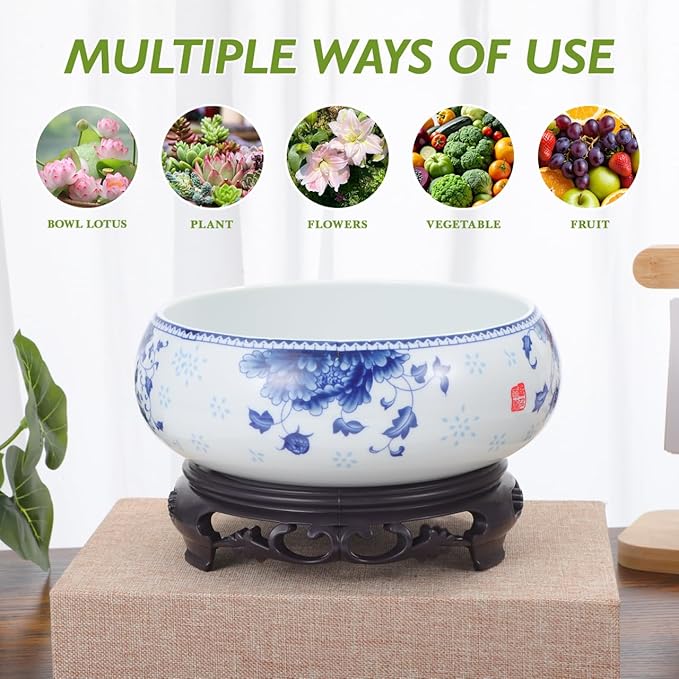 DOITOOL 7 Inch Lotus Bowl Planter Water Lily Pot with Stand Lotus Flower Bowl White Planter Hydroponic Container Bonsai Pots for Indoor Garden Decoration