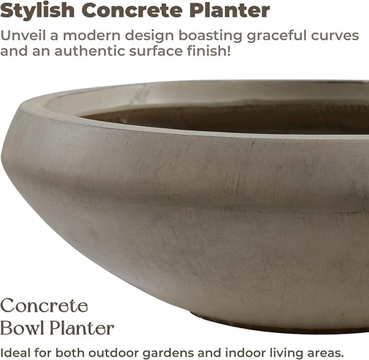 Bowl Planter 19" Dia x 6.3" H Large Succulent Pot with Drain Hole, 16.7" Opening Concrete Flowerpot for Indoor Outdoor Plants Herbs Bonsai, Round Planters for Home, Patio, Garden, Medium-Natural